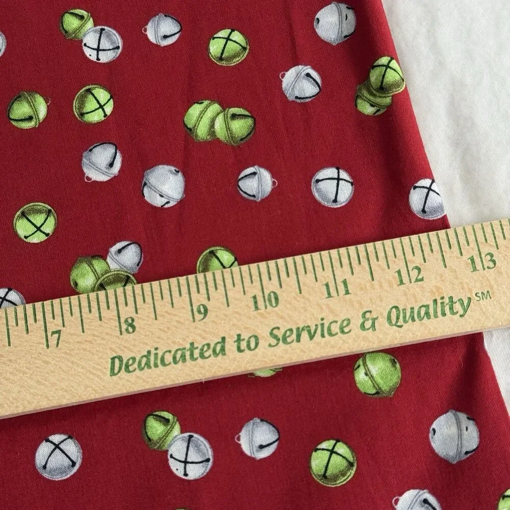 Christmas Jingle Bells Maroon Fabric Green Silver Bells Quilt Cotton Xmas 52